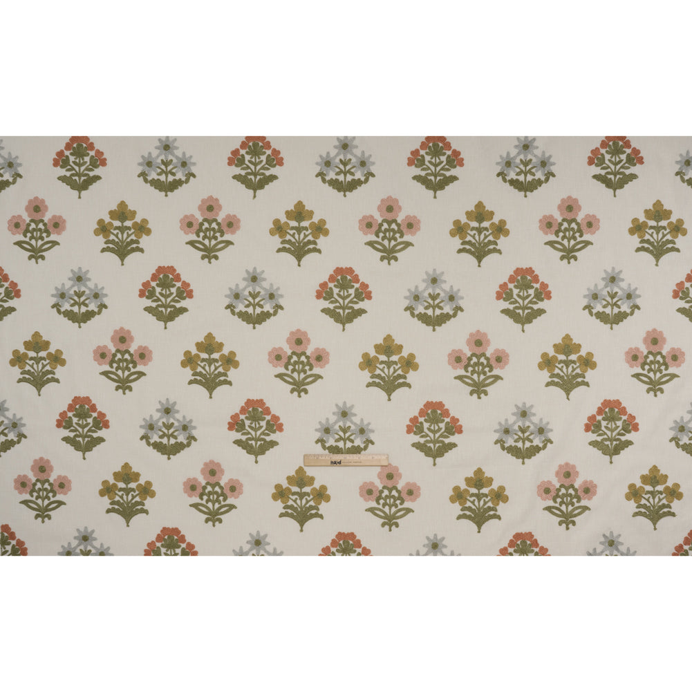 Polyester and Cotton Slubbed Drapery Woven with Viscose Embroidery - Garden Simple Flowers - British Imported - Full