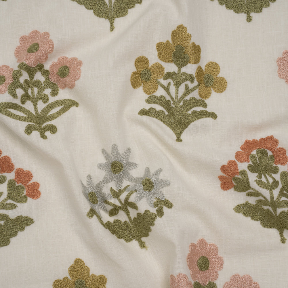 Polyester and Cotton Slubbed Drapery Woven with Viscose Embroidery - Garden Simple Flowers - British Imported