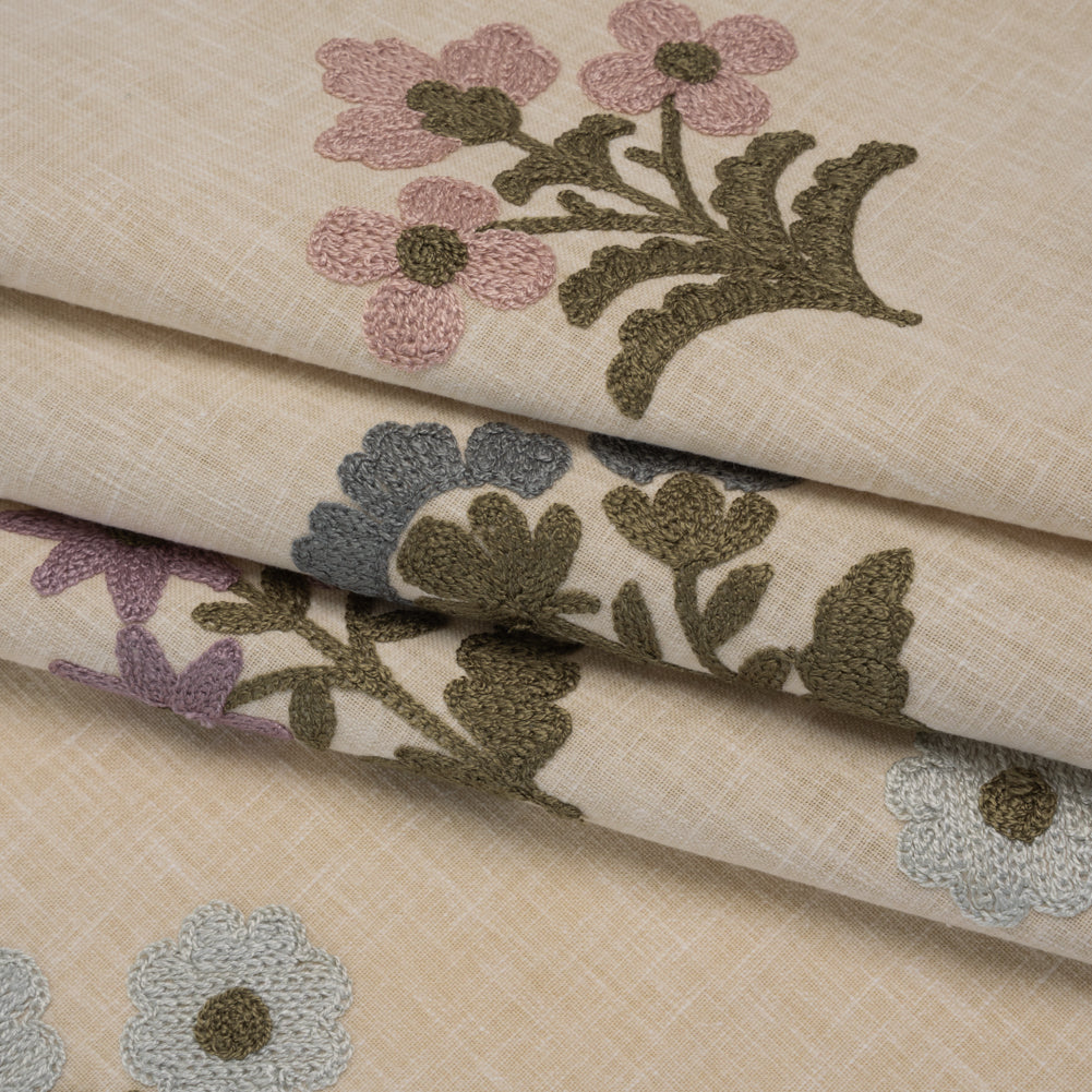 Polyester and Cotton Slubbed Drapery Woven with Viscose Embroidery - Iris Simple Flowers - British Imported - Folded