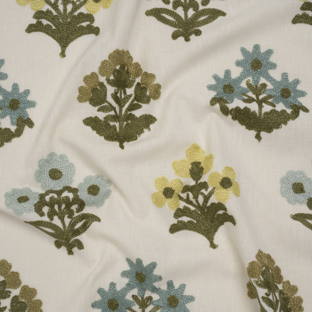 Polyester and Cotton Slubbed Drapery Woven with Viscose Embroidery - Lagoon Simple Flowers - British Imported