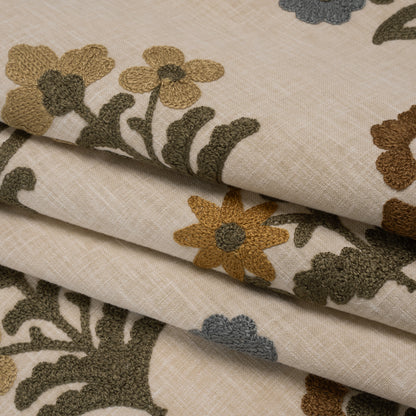 Polyester and Cotton Slubbed Drapery Woven with Viscose Embroidery - Maize Simple Flowers - British Imported