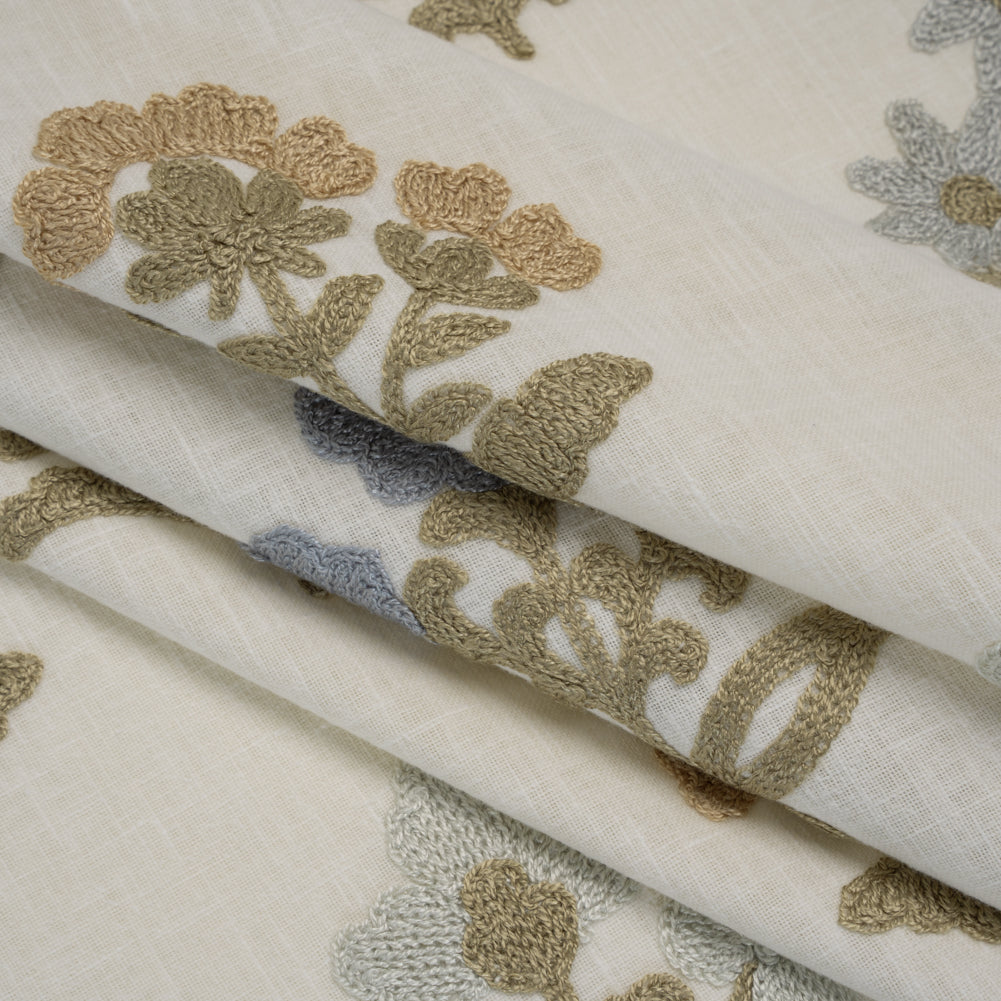 Polyester and Cotton Slubbed Drapery Woven with Viscose Embroidery - Seaspray Simple Flowers - British Imported - Folded