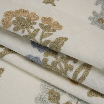 Polyester and Cotton Slubbed Drapery Woven with Viscose Embroidery - Seaspray Simple Flowers - British Imported