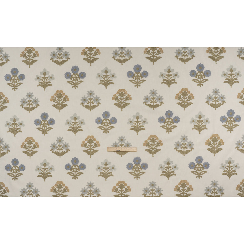 Polyester and Cotton Slubbed Drapery Woven with Viscose Embroidery - Seaspray Simple Flowers - British Imported - Full