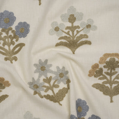 Polyester and Cotton Slubbed Drapery Woven with Viscose Embroidery - Seaspray Simple Flowers - British Imported
