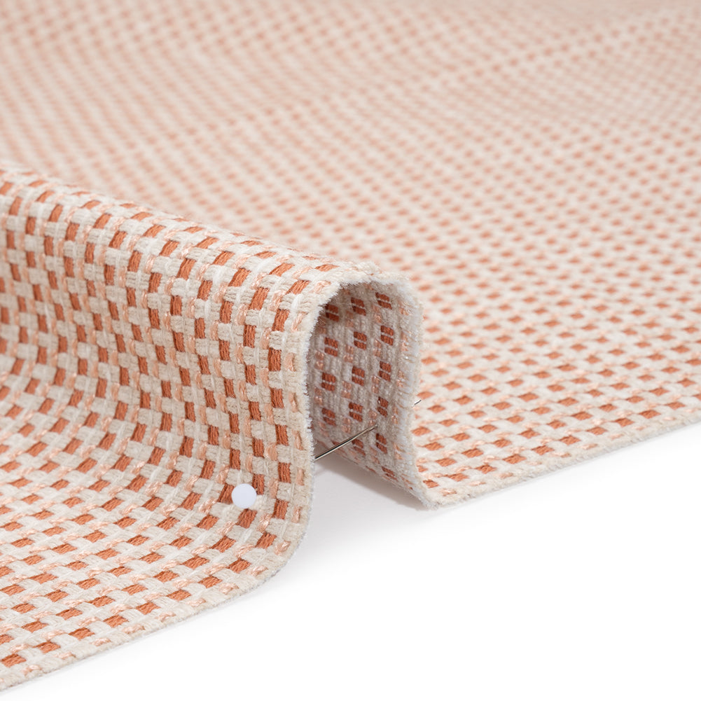 Recycled Polyester and Cotton Basketweave Dobby - Tangerine Little Squares - British Imported - Detail