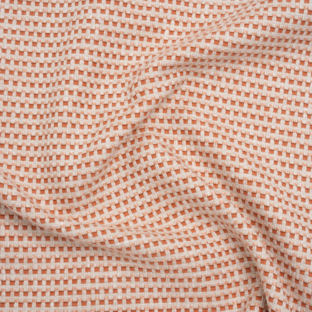 Recycled Polyester and Cotton Basketweave Dobby - Tangerine Little Squares - British Imported