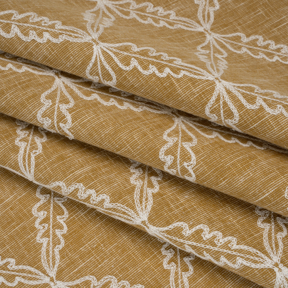 Embroidered Polyester and Cotton Woven - Ochre Leaf Diamonds - British Imported - Folded