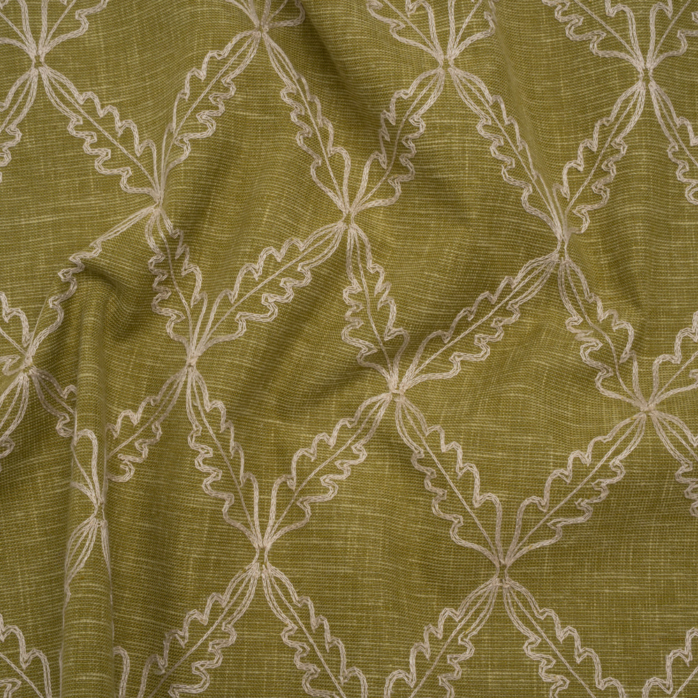 Embroidered Polyester and Cotton Woven - Olive Leaf Diamonds - British Imported