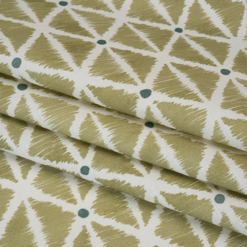 Brushed Cotton and Linen Canvas Print - Pistachio Sketched Lattice with Dots - British Imported - Folded
