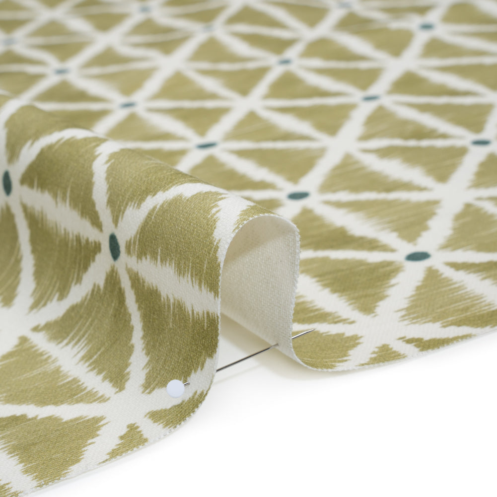 Brushed Cotton and Linen Canvas Print - Pistachio Sketched Lattice with Dots - British Imported - Detail