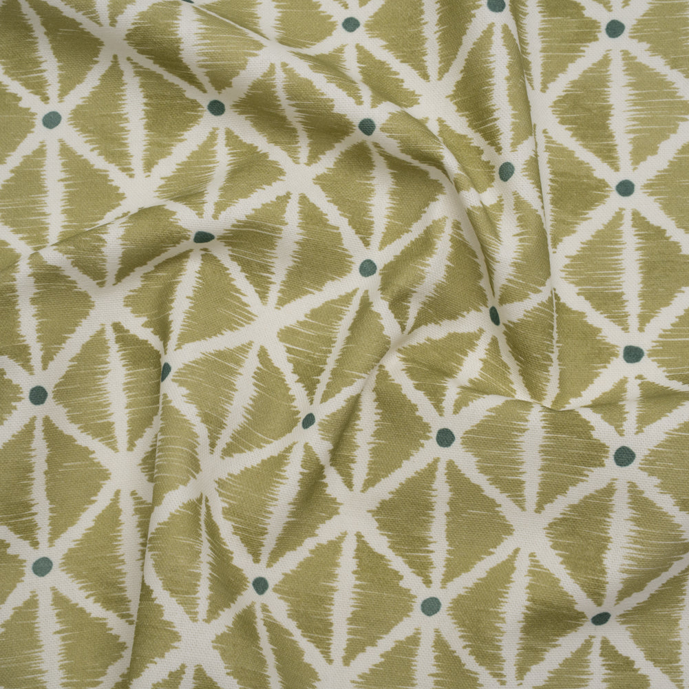 Brushed Cotton and Linen Canvas Print - Pistachio Sketched Lattice with Dots - British Imported