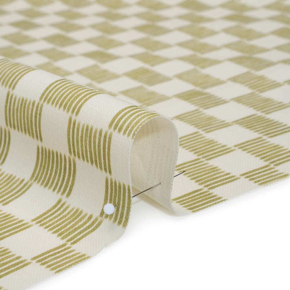 Brushed Cotton and Linen Canvas Print - Pistachio Painterly Striped Check - British Imported - Detail