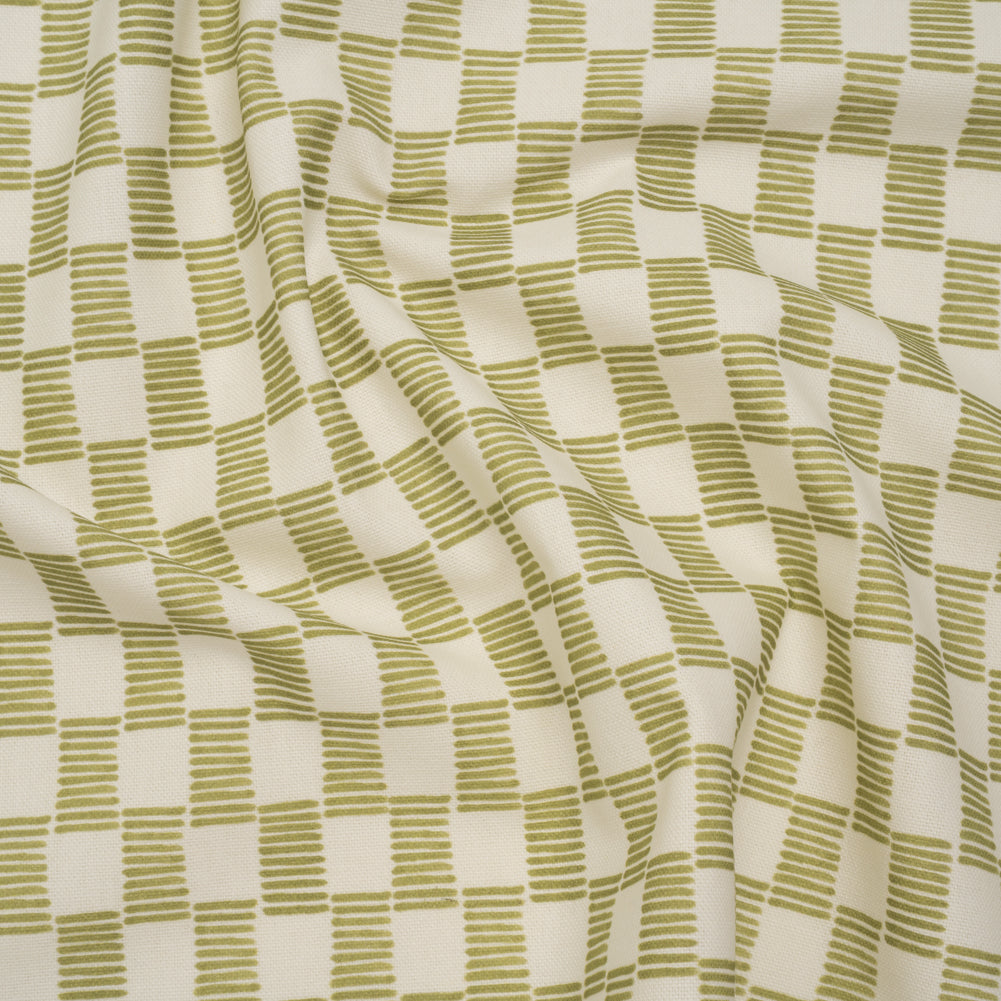 Brushed Cotton and Linen Canvas Print - Pistachio Painterly Striped Check - British Imported