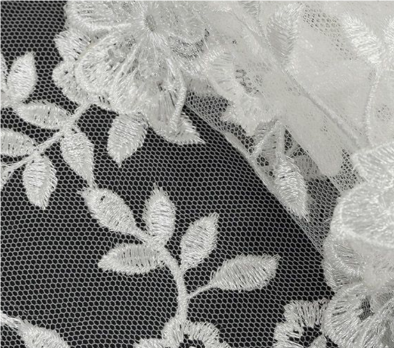 A close up of a white lace with flowers on a black background