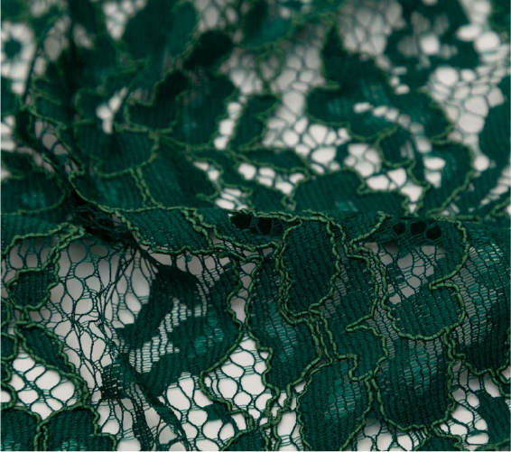 A close up of a green lace fabric with a white background
