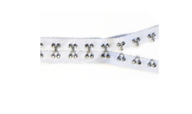 A close up of a zipper with a bunch of small metal beads