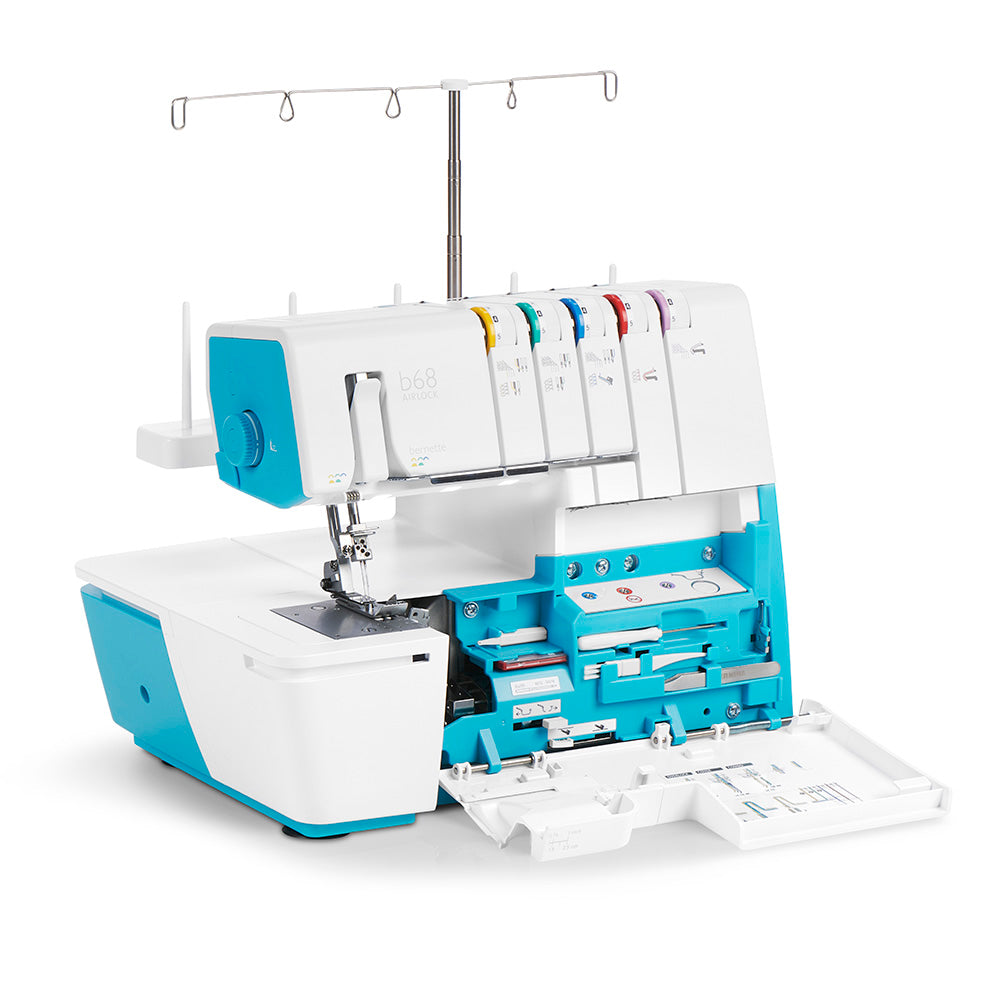 bernette 68 Maker Edition - Air-Threading Combination Overlock, Chainstitch and Coverstitch Serger Sewing Machine with Presser Foot Set and Mini Vacuum Cleaner - Folded