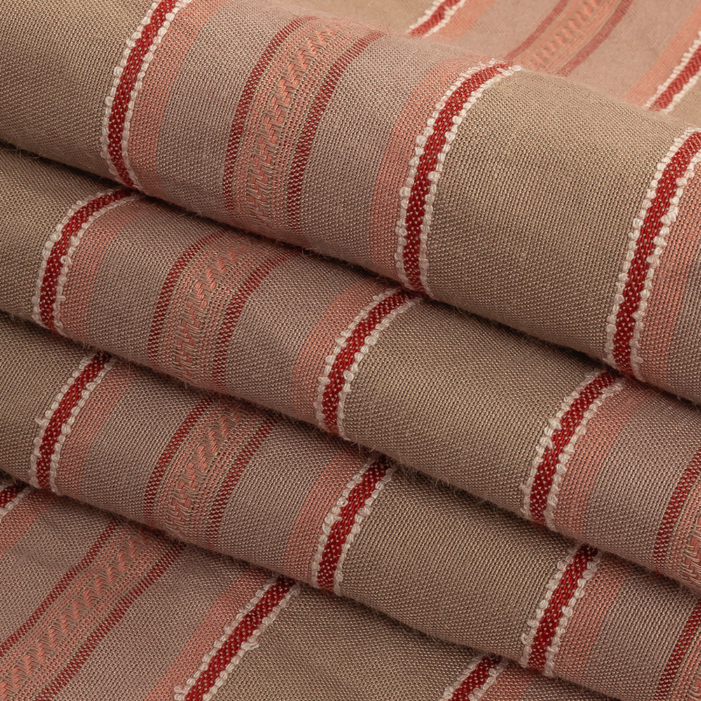 Crockery, Red and Coral Linen Woven with Raised Jacquard Stripes Folded