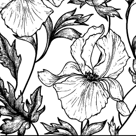 A black and white floral pattern with a bird on it