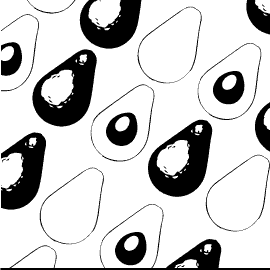 a black and white pattern of avocadoes with some cut open to show the seed and others showing the dark outer skin