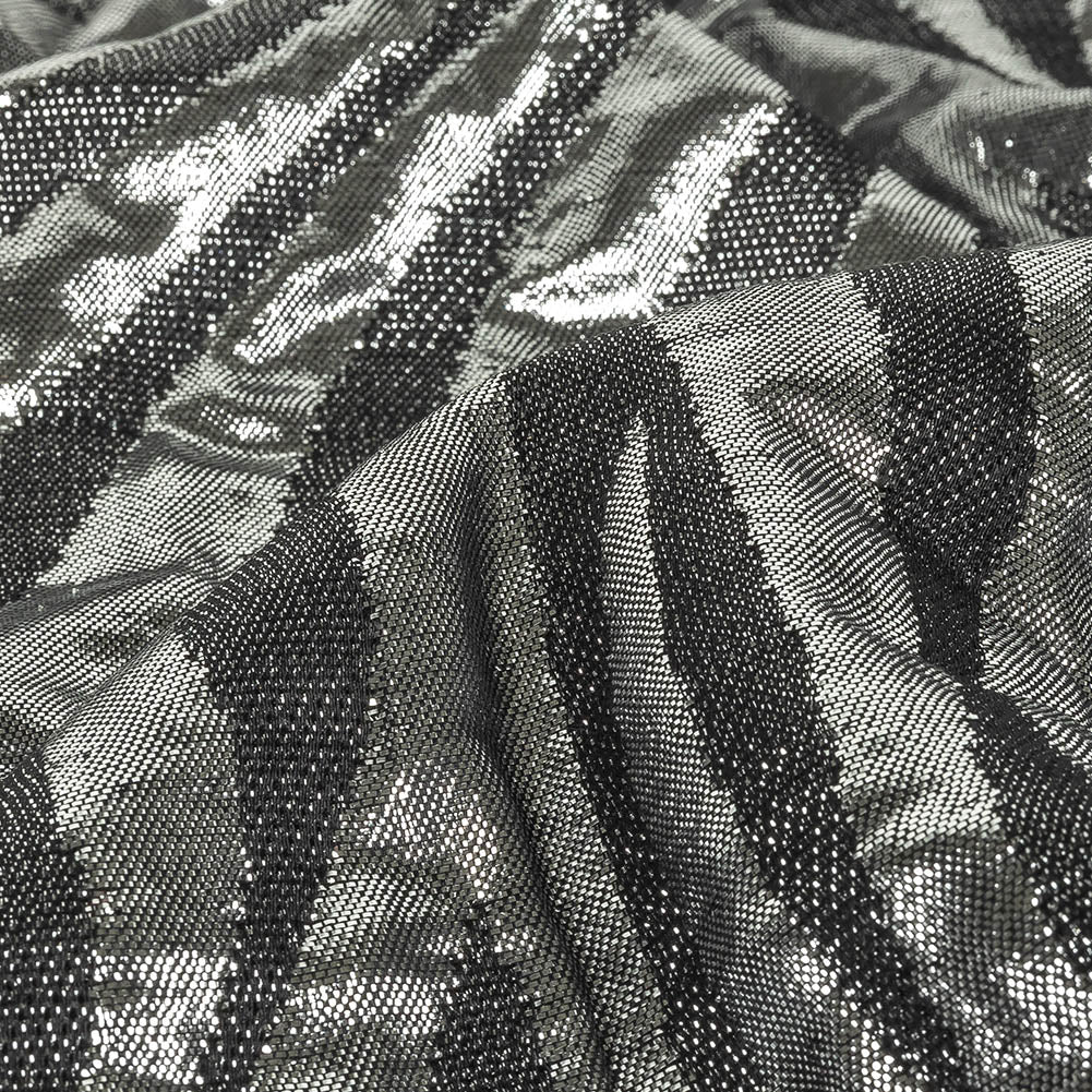 Italian Black and Metallic Silver Zebra Stripes Polyester Brocade Detail
