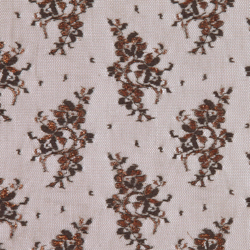 Brown and Metallic Copper Floral Polyester Lace