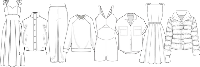 A line drawing of a variety of clothing items on a black background