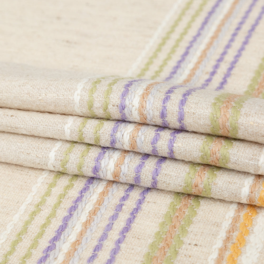Italian Almond Milk Wool Woven Panel with Multicolored Stripes Folded
