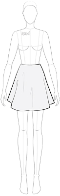 A drawing of a female mannequin in a short skirt