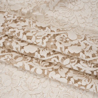 Cotton Blend Raschel Lace Panel with Finished Edges - Linen Beige and White Flowers and Leaves