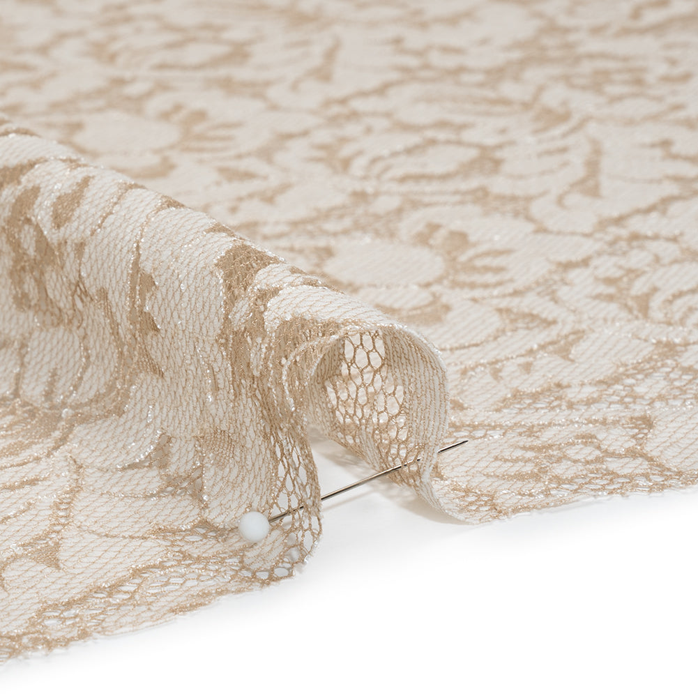 Cotton Blend Raschel Lace Panel with Finished Edges - Linen Beige and White Flowers and Leaves - Detail