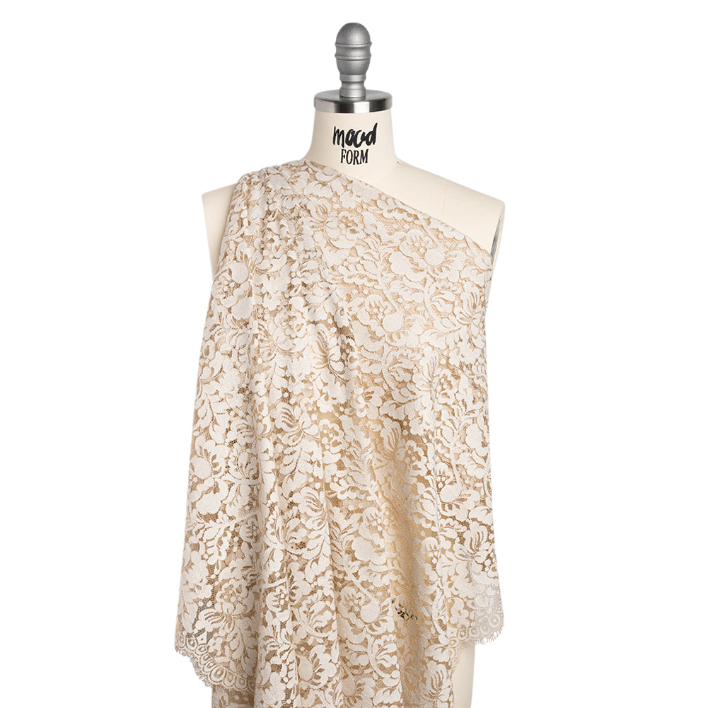 Cotton Blend Raschel Lace Panel with Finished Edges - Linen Beige and White Flowers and Leaves - Drape