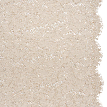 Cotton Blend Raschel Lace Panel with Finished Edges - Linen Beige and White Flowers and Leaves