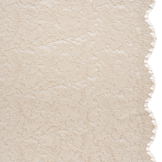 Cotton Blend Raschel Lace Panel with Finished Edges - Linen Beige and White Flowers and Leaves