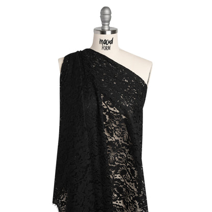 Cotton Blend Raschel Lace Panel with Finished Edges - Black Flowers and Leaves