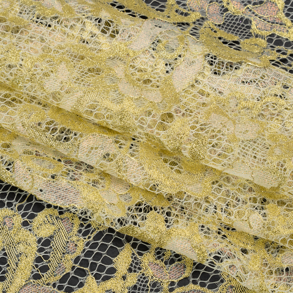 Metallic Viscose Blend Raschel Lace with Finished Edges - Ivory, Gold and Pink Florals and Curls - Folded