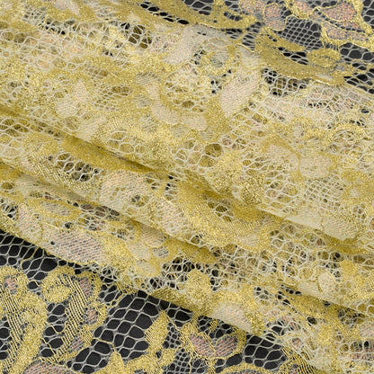 Metallic Viscose Blend Raschel Lace with Finished Edges - Ivory, Gold and Pink Florals and Curls