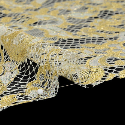 Metallic Viscose Blend Raschel Lace with Finished Edges - Ivory, Gold and Pink Florals and Curls
