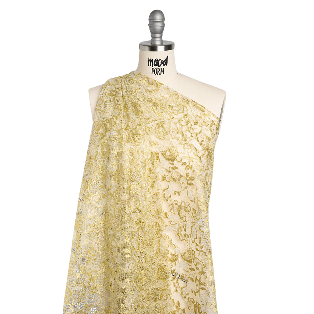Metallic Viscose Blend Raschel Lace with Finished Edges - Ivory, Gold and Pink Florals and Curls - Drape
