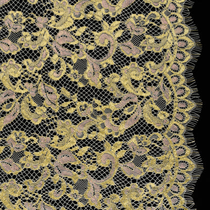 Metallic Viscose Blend Raschel Lace with Finished Edges - Ivory, Gold and Pink Florals and Curls