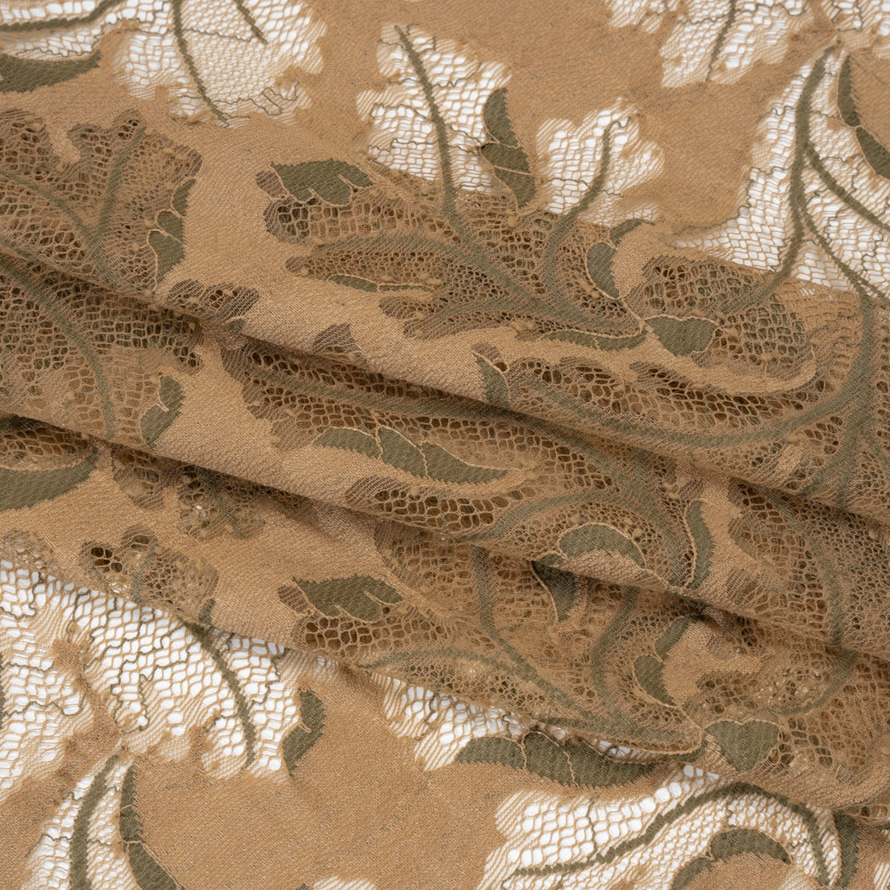 Nylon and Rayon Raschel Lace Panel with Finished Edges - Stucco Beige and Olive Green Floating Leaves - Folded