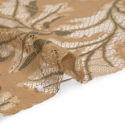 Nylon and Rayon Raschel Lace Panel with Finished Edges - Stucco Beige and Olive Green Floating Leaves
