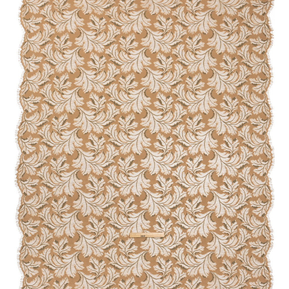 Nylon and Rayon Raschel Lace Panel with Finished Edges - Stucco Beige and Olive Green Floating Leaves - Full