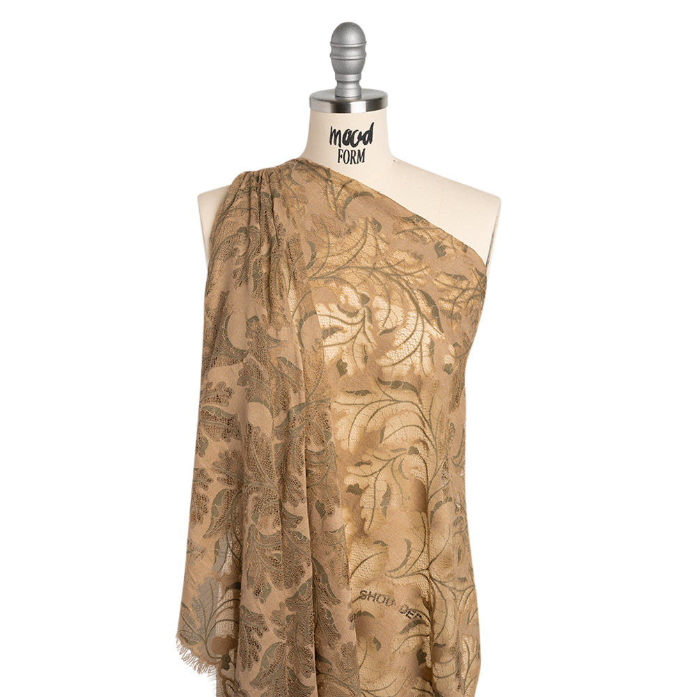 Nylon and Rayon Raschel Lace Panel with Finished Edges - Stucco Beige and Olive Green Floating Leaves - Drape