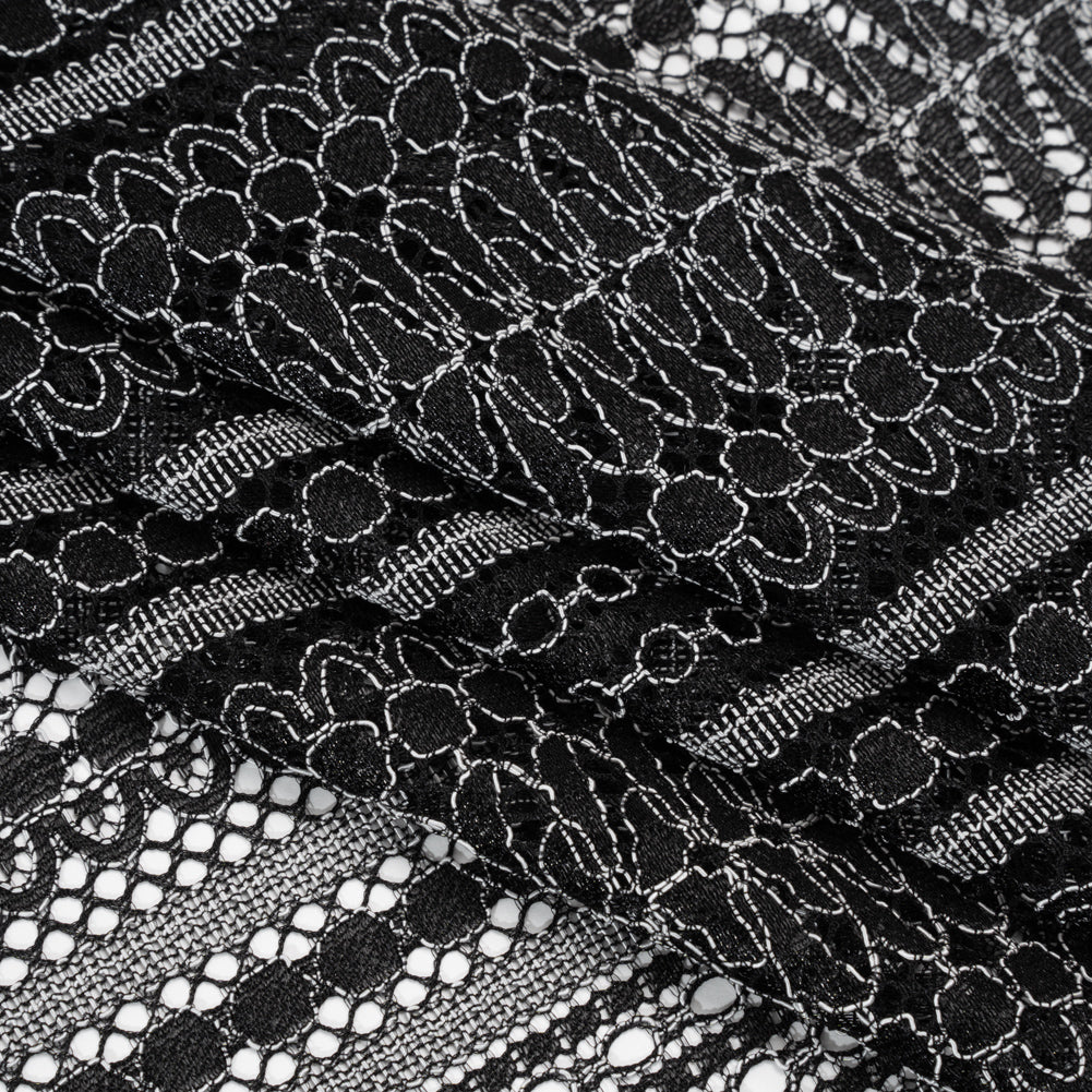 Luminous Corded Lace Panel with Finished Fringed Edges - Black and White Dot and Leaf Stripes - Folded