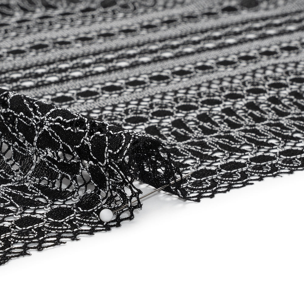 Luminous Corded Lace Panel with Finished Fringed Edges - Black and White Dot and Leaf Stripes - Detail