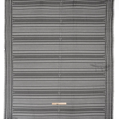Luminous Corded Lace Panel with Finished Fringed Edges - Black and White Dot and Leaf Stripes