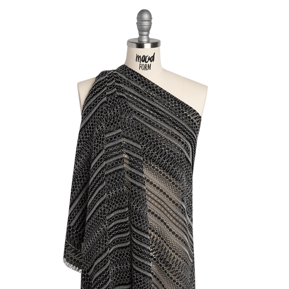Luminous Corded Lace Panel with Finished Fringed Edges - Black and White Dot and Leaf Stripes - Drape