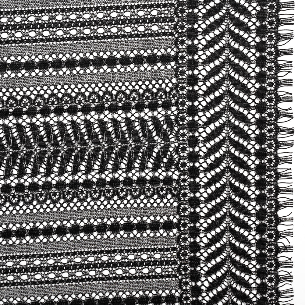 Luminous Corded Lace Panel with Finished Fringed Edges - Black and White Dot and Leaf Stripes
